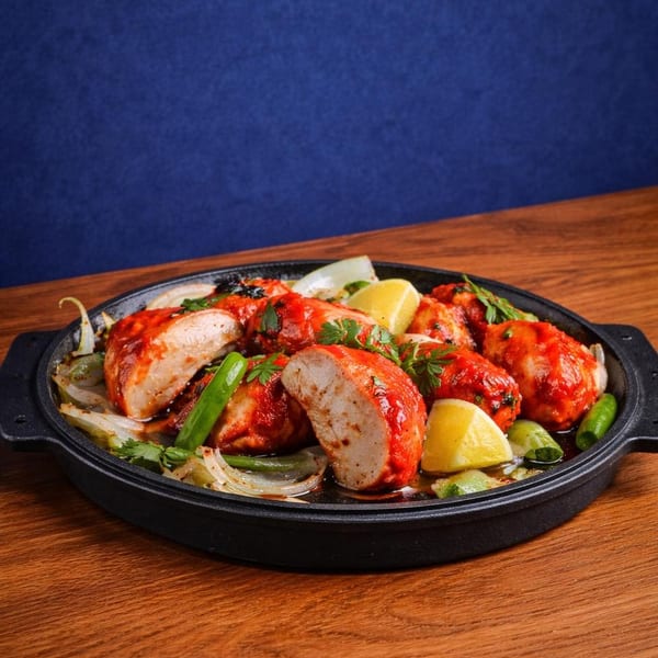 Sizzling chicken tikka with onions, green peppers, and lemon wedges in a black skillet.