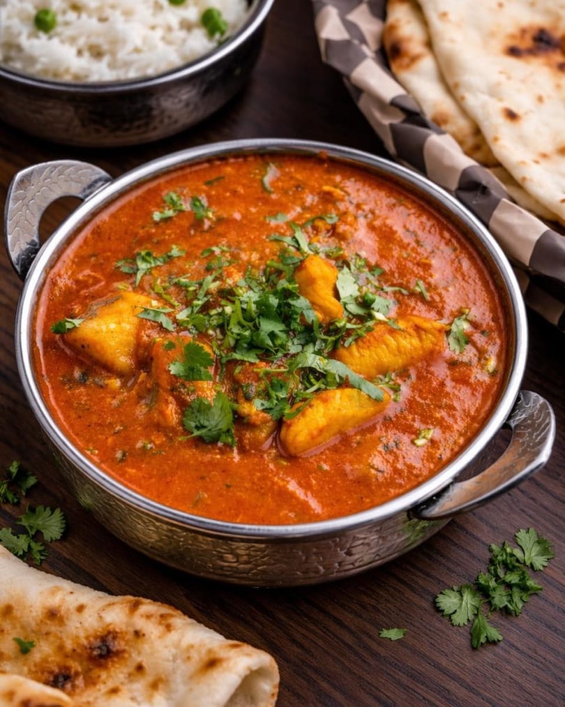 A metal bowl of vibrant orange curry with paneer and cilantro, served with rice and naan.