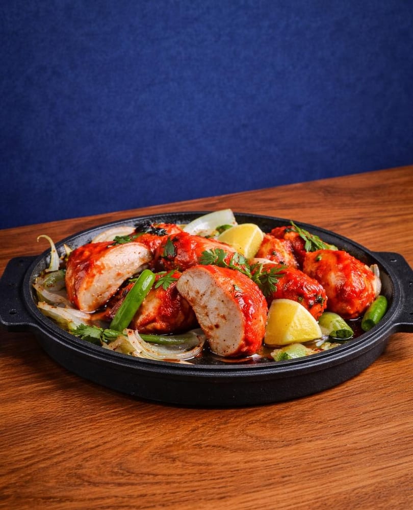Sizzling chicken tikka with onions, green peppers, and lemon wedges in a black skillet.