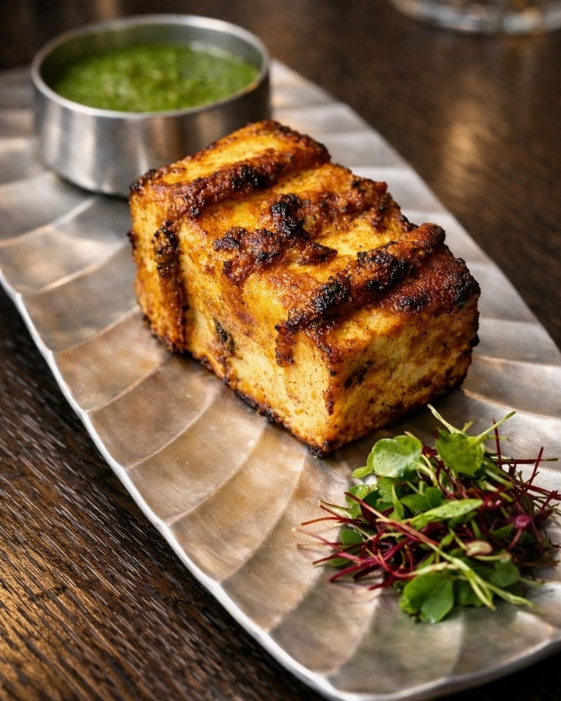 Grilled paneer tikka block with green chutney and microgreens on a silver platter.