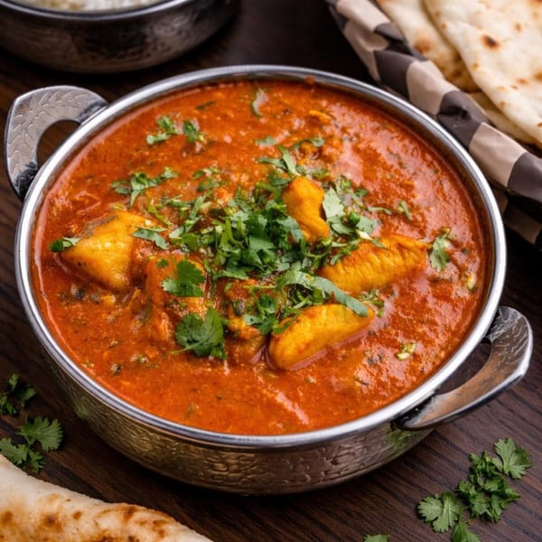 A metal bowl of vibrant orange curry with paneer and cilantro, served with rice and naan.
