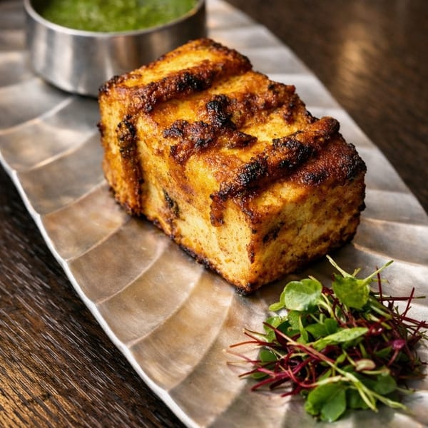 Grilled paneer block with green chutney and microgreens on a silver platter.